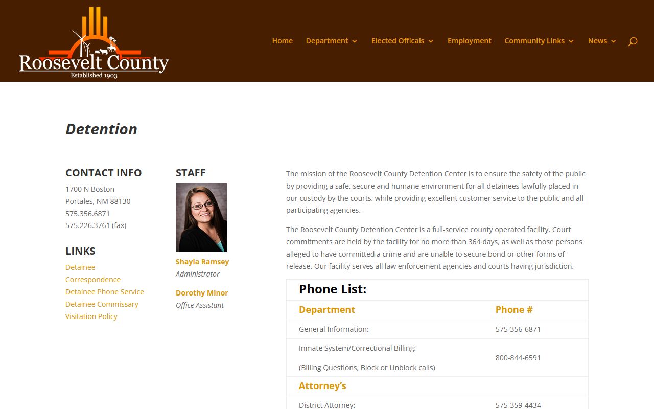 Roosevelt County inmate population detention page and custody contacts