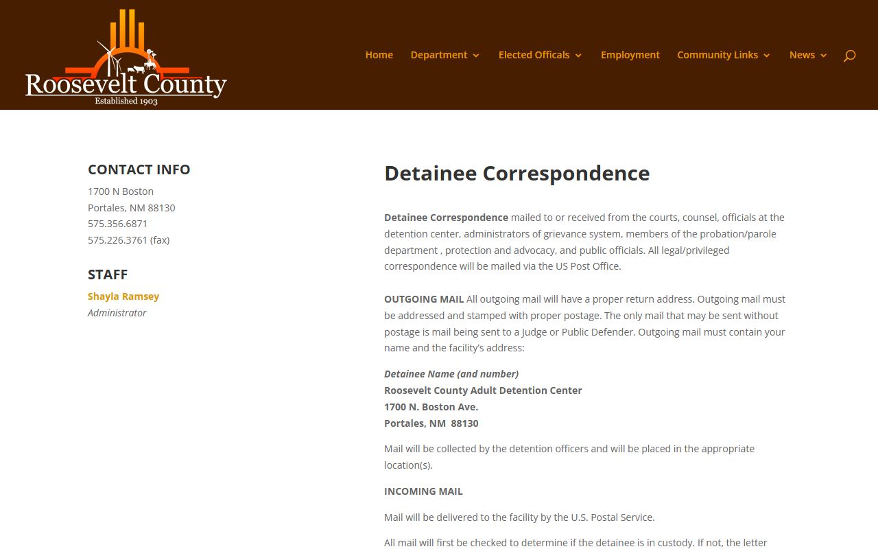 Roosevelt County Detention Center inmate mail rules