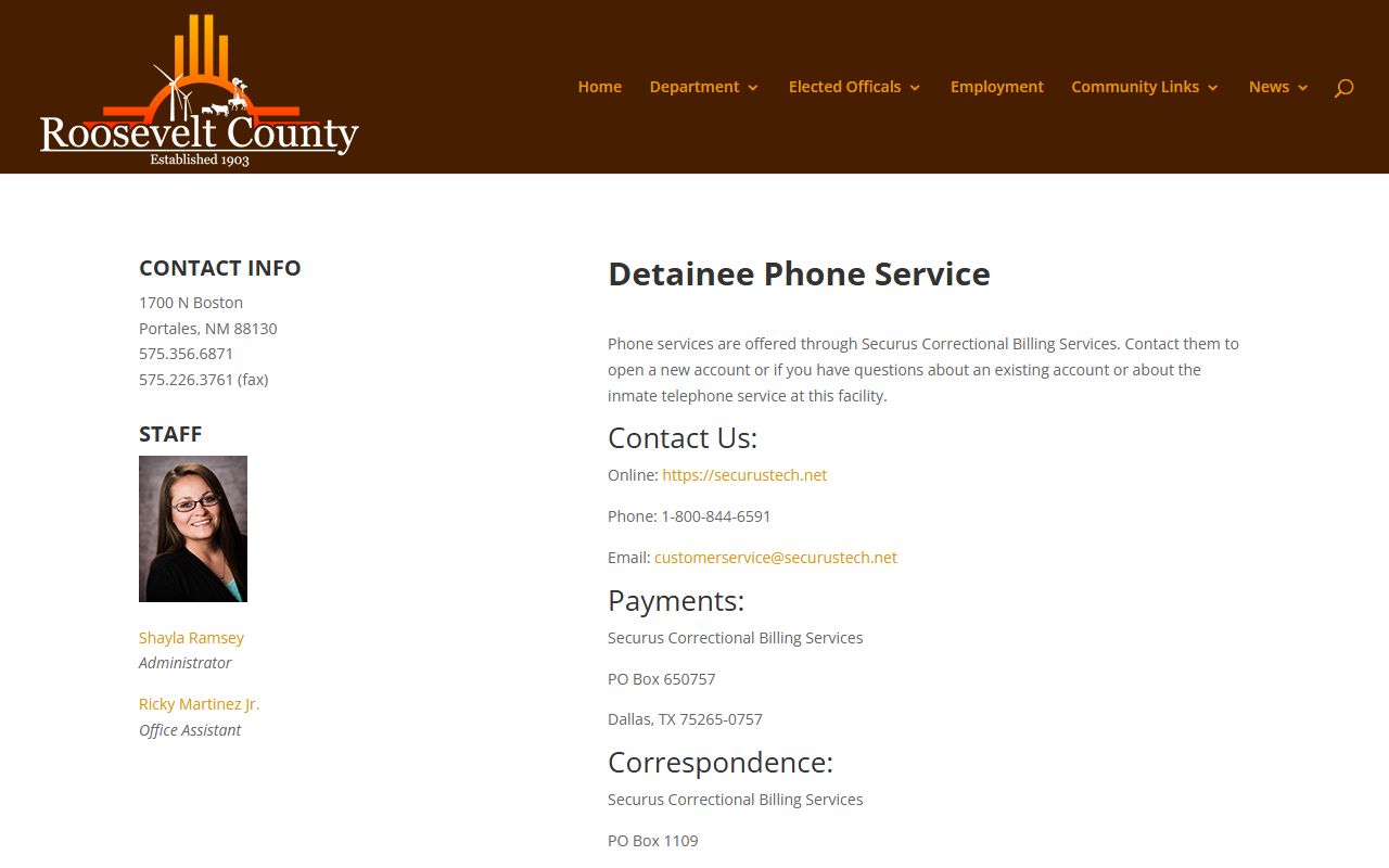 Roosevelt County inmate phone service and Securus contact records