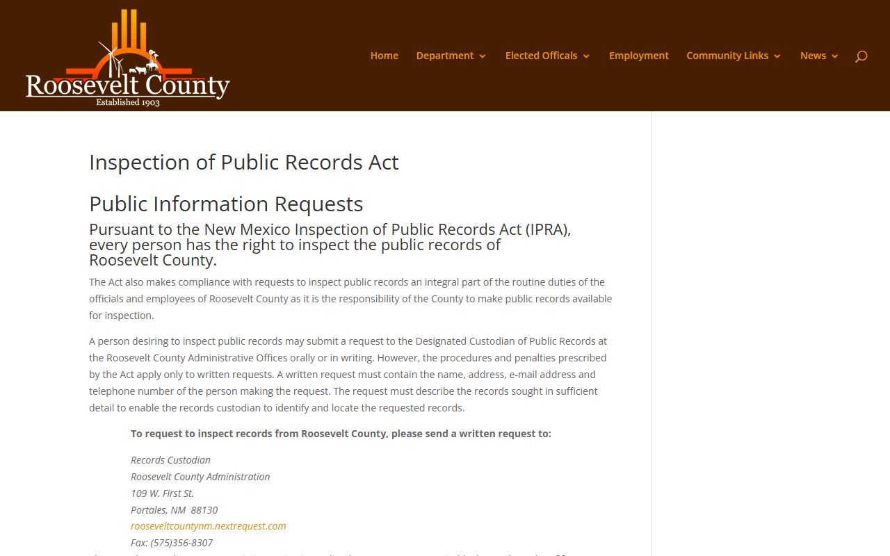 Roosevelt County inmate records IPRA request page